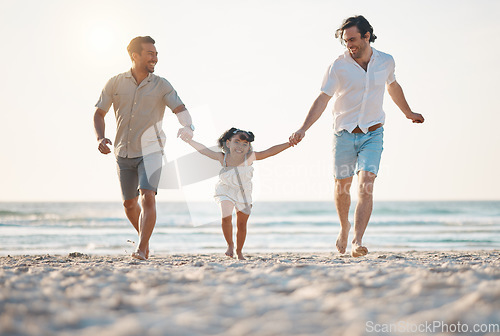 Image of Gay couple, running and holding hands with family at beach for seaside holiday, support and travel. Summer, vacation and love with men and child in nature for lgbtq, happiness and bonding together