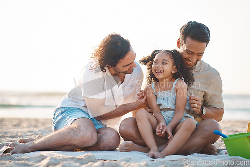 Image of Gay men, dad and girl at beach with love, bonding and care for vacation, laughing and outdoor in sunshine. LGBTQ couple, young child and adoption with family, holiday and comic conversation in summer