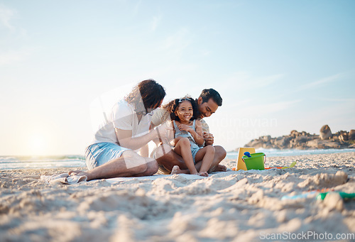 Image of Lgbt parents on beach, men and child playing in summer, sand and island holiday together. Love, fun and sunshine, gay couple on tropical ocean vacation with daughter and happy family at picnic time.