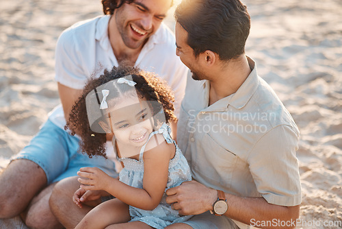 Image of Gay men, father and girl at beach with love, bonding and care for vacation, laughing and outdoor in sunshine. LGBT couple, young daughter and adoption for family, holiday and happy together in summer