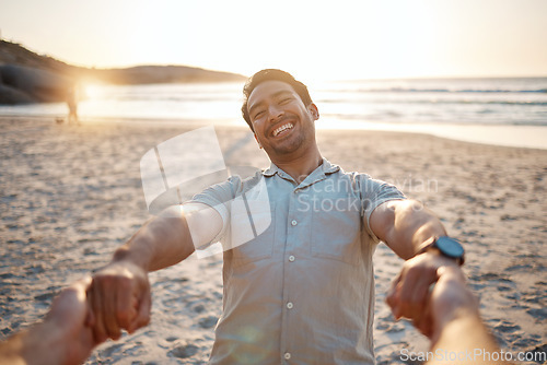 Image of Happy, portrait and a couple holding hands at the beach for swinging, care and love on vacation. Sunset, travel and an Asian man with a person for freedom, summer fun or support on holiday at the sea