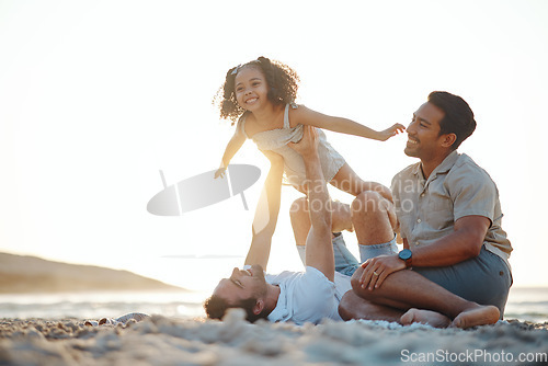 Image of Lgbt men, child and playing on beach at sunset, airplane games and island holiday together. Love, happiness and sun, gay couple on tropical ocean vacation, parents with daughter on fun picnic on sand