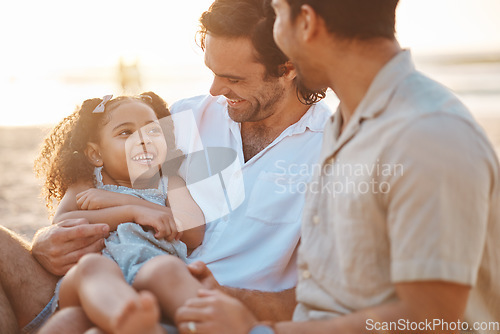 Image of Gay couple, funny and relax with family at beach for seaside holiday, support and travel. Summer, vacation and love with men and child laughing in nature for lgbtq, happiness and bonding together