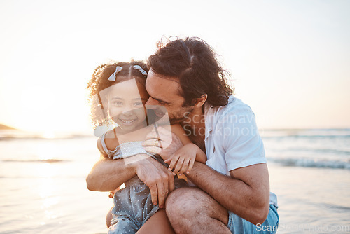 Image of Hug, portrait and a child and father at the beach for holiday, care and love together after adoption. Happy, family and an interracial dad with a girl kid at the ocean for playing, travel or vacation