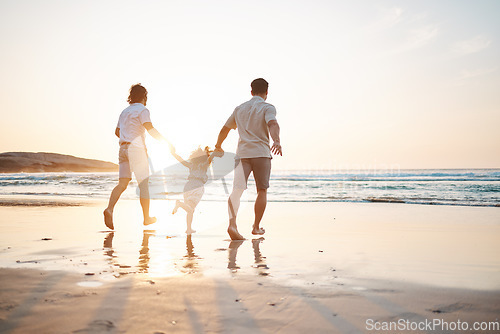 Image of Love, gay couple and men with child on beach, holding hands and island holiday together. Trust, happiness and sun, lgbt family on tropical ocean vacation with daughter in playing in waves with nature