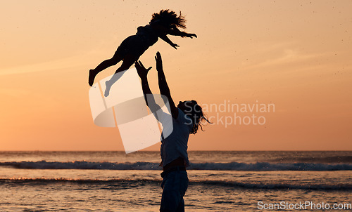 Image of Child, sunset or father by ocean to play a game in Rio de Janeiro in Brazil with support, care or love. Throw, parent and lifting kid in air at sea to enjoy family bonding together in nature by water