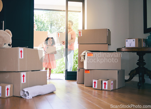 Image of Gay couple, child and adoption moving in new home with boxes for property, investment or house together. Men walking with adopted girl in renovation, relocation or homeowners in apartment for startup