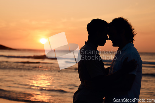 Image of Silhouette, sunset and gay men at ocean, love and mockup on summer vacation together in Thailand. Sunshine, beach and romance, lgbt couple in nature space and island holiday with pride, sea and waves