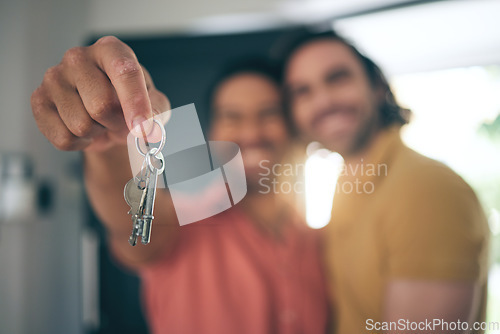 Image of Hand holding, keys and gay couple smile for real estate, success or new home celebration. Property, dream or lgbt men embrace with love, smile or excited for moving, apartment or mortgage loan
