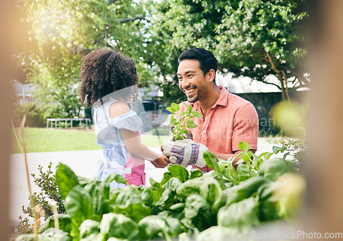 Image of Garden, plant and happy family child, father and plant leaf seeds, nature care or agriculture support in backyard. Happiness, outdoor sustainability and learning kid, dad or parent teaching eco girl