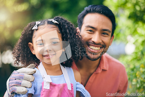 Image of Gardening, portrait of dad and child in backyard with plants, teaching and learning with growth in nature. Farming, smile on face and father with girl in vegetable garden with love, support and fun.