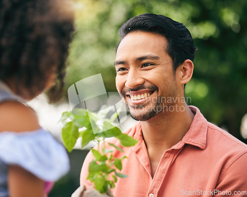 Image of Garden, plant grow and face of happy family, dad or child listening to gardening advice, environment care or agriculture chat. Smile, outdoor sustainability growth and eco friendly kid helping father