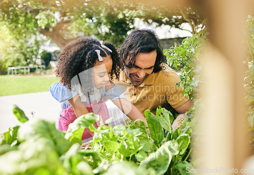 Image of Garden, inspection and happy family kid, father and watch seed growth, plant fertilizer or care for agriculture. Child development, love bond and dad teaching youth girl sustainable gardening