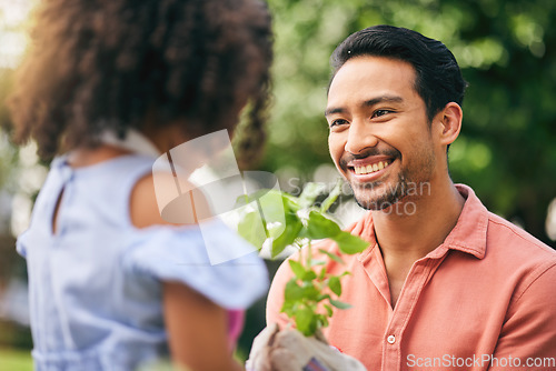 Image of Garden plants, face and happy family, father or child listening to Earth Day advice, new tree life care or spring teamwork. Ecology project, outdoor sustainability growth or kid working on eco growth