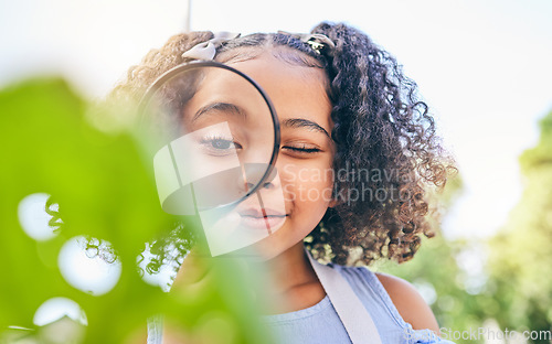 Image of Girl child, magnifying glass and plants in garden, backyard or park in science, study or outdoor. Young female kid, lens and zoom for nature, research or check for leaves, ecology or growth in summer
