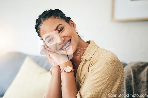 Image of Portrait, smile and woman on home sofa to relax in living room apartment. Face, happy and person or girl on couch in lounge in Brazil, positive or cheerful, confident or peace in house in the morning