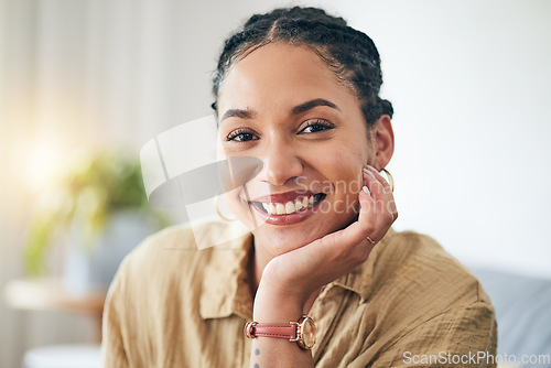 Image of Face, happy and woman on home sofa to relax in living room apartment. Portrait, smile and person or girl on couch in lounge in Brazil, positive or cheerful, confident or peace in house lens flare