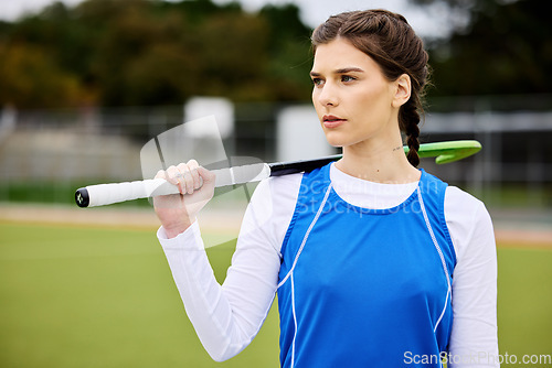 Image of Field hockey woman, thinking and sport with vision, ideas and goals for career, competition and stick for game. Girl, athlete and outdoor for training, workout or exercise with strategy for contest