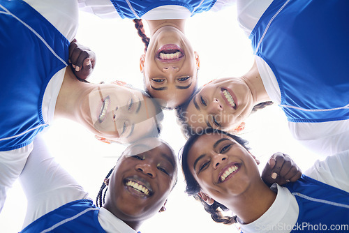 Image of Sports women, circle and low angle for teamwork, motivation and portrait with support for training. Girl, group and happy for workout, exercise and fitness for contest, games and diversity for goals