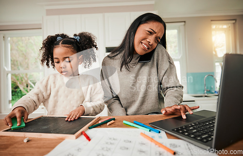 Image of Working from home, child and mother on phone call and learning or writing homework at a table. A busy entrepreneur woman and young girl kid with a laptop for remote work, education and multitasking