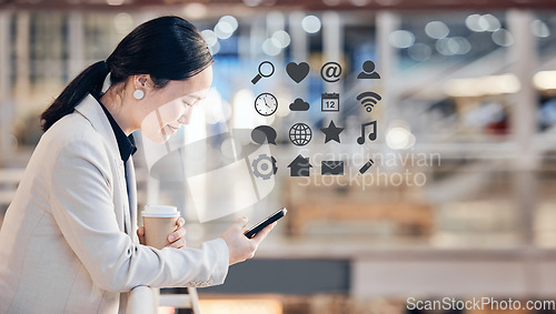 Image of Business, smartphone and Asian woman typing, icons and notification with connection, communication or social media. Person, employee and entrepreneur with a cellphone, mobile app and digital software