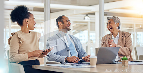 Image of Happy business people, team and laughing in meeting for company update, planning or feedback review. Diversity, corporate group or office employees in collaboration, conversation with a funny joke