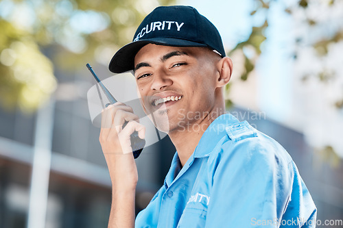 Image of Walkie talkie, man and security guard in portrait in city, conversation or communication. Safety, face and happy officer on radio to chat on technology in police surveillance service in urban outdoor