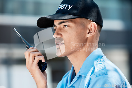 Image of Walkie talkie, security guard and man in city in discussion, thinking or communication. Safety, protection or officer on radio to chat on technology in police law enforcement service in urban outdoor