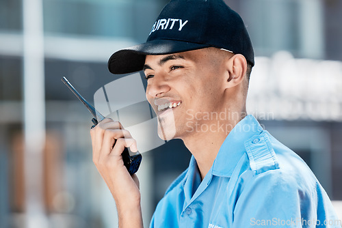 Image of Walkie talkie, man and security guard happy in city in discussion, thinking and communication. Safety, protection and officer on radio to chat on tech in police surveillance service in urban outdoor