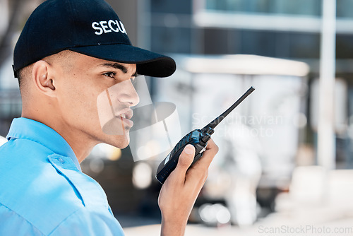 Image of Security guard, walkie talkie and man in city in communication, surveillance and thinking. Safety, protection and serious officer on radio to chat on tech in police service, investigation and report