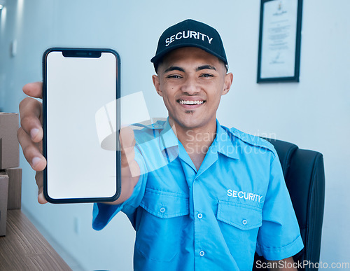 Image of Security guard man, portrait and mobile phone screen for mockup space for promo, ux or smile in workplace. Young safety office, surveillance agent or blank smartphone for app branding in control room