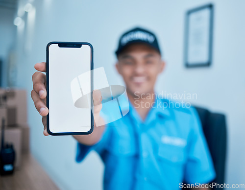 Image of Security guard man, hand and blank phone screen for mockup space for cctv system promo, smile or automation. Safety officer, surveillance agent and smartphone for app logo, brand or mobile ux design