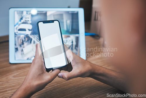 Image of Security guard, back and control room with phone screen, monitor and hands by mockup space for surveillance. Safety agent, protection service person and smartphone for blank ux, tablet and app logo