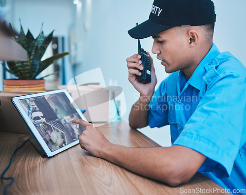 Image of Security guard, walkie talkie and man on tablet in surveillance, cctv system and smart monitor. Technology, camera and serious officer on radio at desk in safety, investigation service and automation