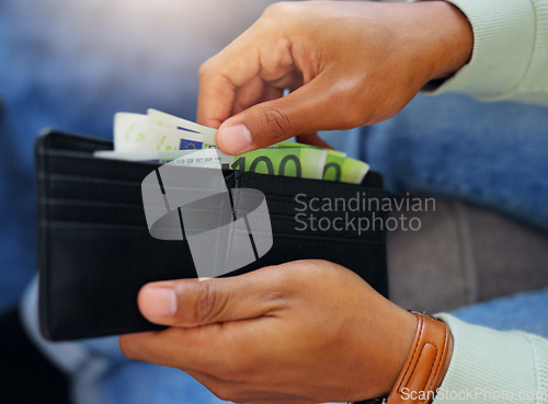Image of Finance, cash and wallet with hands of man for payment, banking and investment in living room. Currency, bills and wealth with guy and counting euro money at home for purchase, shopping and income