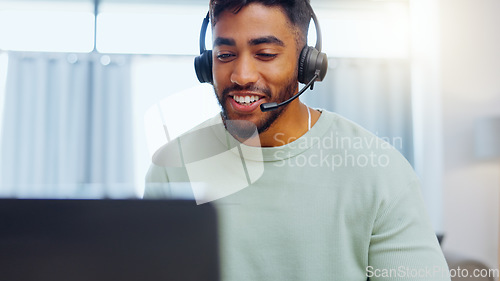 Image of Video call, black man and work from home, virtual communication or remote client tech support in call center career. Hello, wave of indian person, agent or consultant in living room on laptop talking