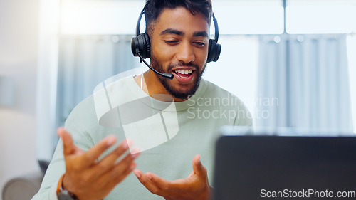 Image of Video call, black man and work from home, virtual communication or remote client tech support in call center career. Hello, wave of indian person, agent or consultant in living room on laptop talking