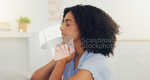 Image of Hope, night and praying with black woman in bedroom for spirituality, religion or Christian faith. Forgiveness, belief and gratitude with female at home and prayer for worship, peace or communication