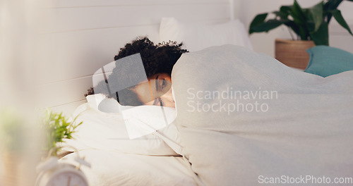 Image of Woman, bed and insomnia anxiety or restless for sleep or rest in home bedroom with fatigue or stress. Female person frustrated with sleeping problem, depression or disorder while dreaming or sleeples