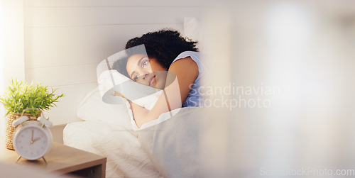 Image of Woman, bed and insomnia or restless for sleep or rest in home bedroom with fatigue or stress. Female person frustrated with sleeping problem, depression or disorder while dreaming or sleepless