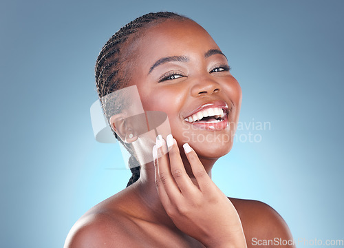 Image of Portrait of black woman for skincare, cosmetics and smile on blue background for wellness, health and spa. Facial care, dermatology and face of African person in studio with beauty, makeup and glow