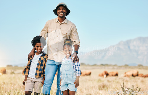Image of Family, portrait and people with animals in nature on holiday, travel and adventure in safari. African man and kids outdoor on a field in countryside with a smile on farm trip in Africa with freedom