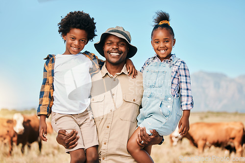 Image of Portrait, father and children on animal farm outdoor with cattle, sustainability and family. African man and kids on field for farmer adventure or holiday in countryside Africa for travel holiday