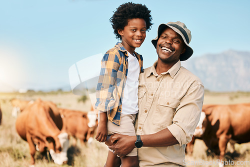 Image of Happy black man, portrait and child with animals on farm for agriculture, sustainability or live stock cattle. African male person, dad and boy kid smile for natural farming or produce in countryside