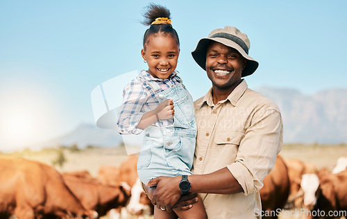 Image of Animals, father and daughter or family on farm outdoor for cattle, holiday and travel. Happy black man and child smile on a field for farmer adventure or trip in countryside with cows in Africa