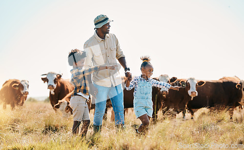 Image of Family farm, father and children with animals outdoor for cattle, sustainability and travel. Black man and kids point and walking on a field for farmer adventure or holiday in countryside with cows