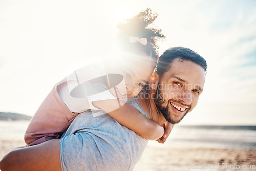 Image of Portrait, father and piggyback child at beach for summer holiday, family vacation and travel together in Colombia. Happy dad carrying young girl kid at ocean for love, care and support in sunshine
