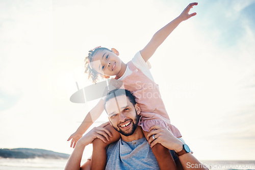 Image of Portrait, father and piggyback girl at beach on summer holiday, family vacation or travel together in Colombia. Happy dad, kid and playing airplane games at sea on mockup sky for freedom in sunshine