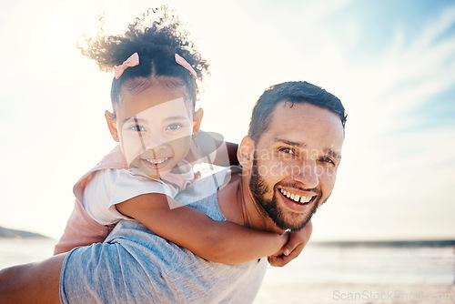 Image of Portrait, piggyback and father with girl at beach on summer holiday, family vacation or travel together in Colombia. Happy dad carrying young kid at sea for love, tropical freedom or care in sunshine