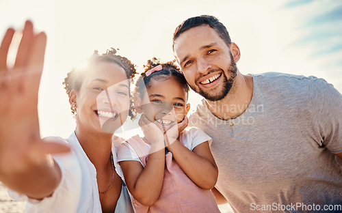 Image of Portrait, happy family and selfie of child at beach for summer holiday, vacation and travel together in Colombia. Mother, father and girl kid smile for picture, memory or freedom at ocean in sunshine